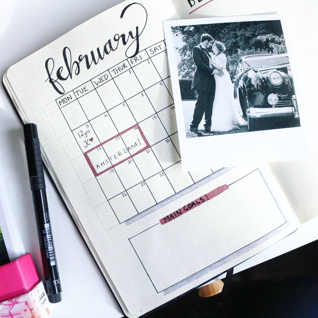 instant photos February spread bullet journal